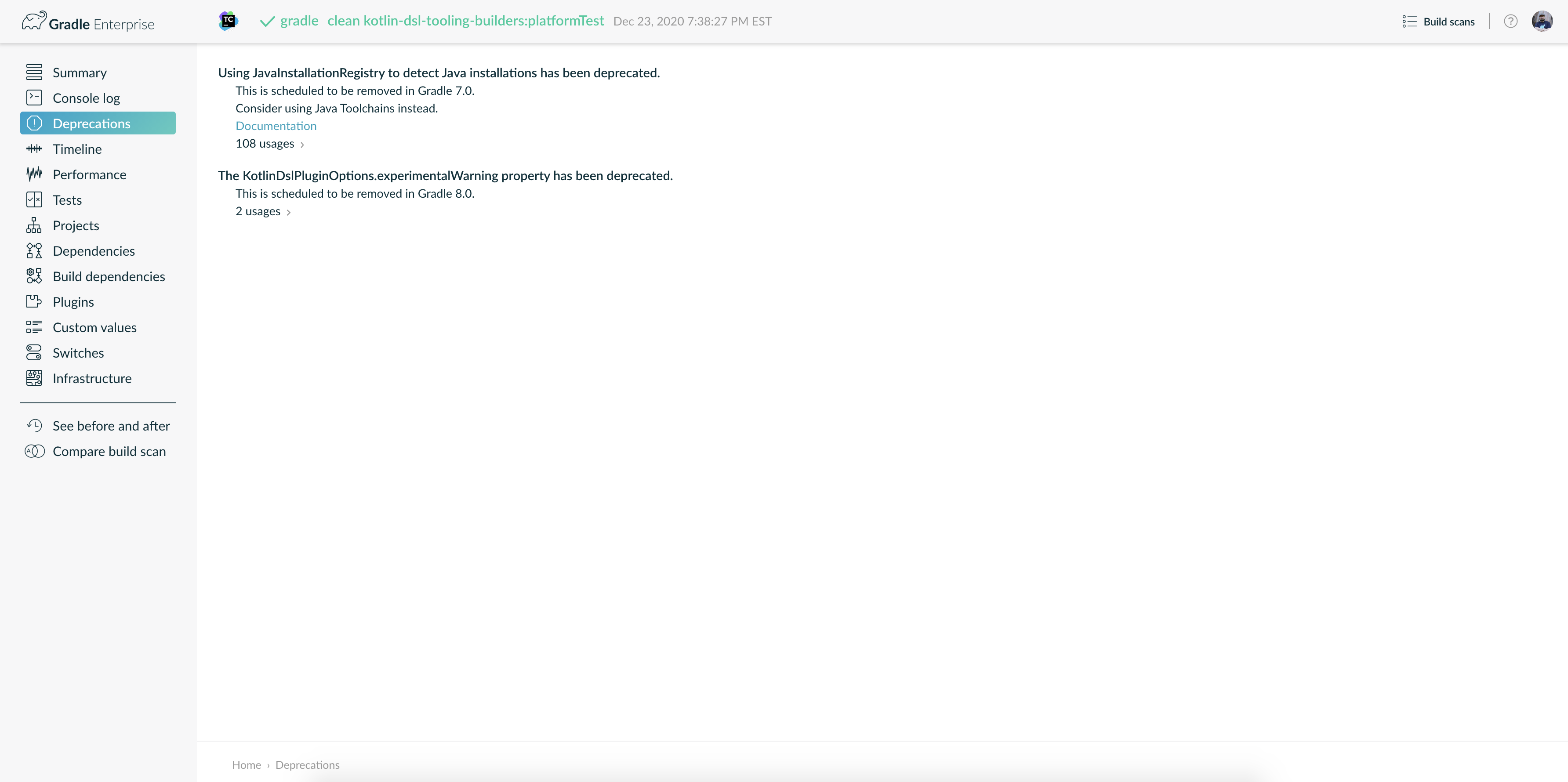 Deprecations View of a Gradle Build Scan